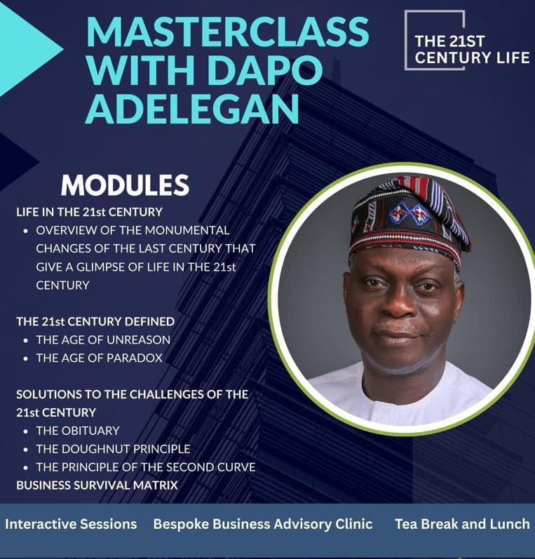 Masterclass with Dapo Adelegan flyer, listing the four modules of The 21st Century Life programme.